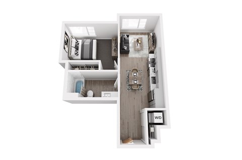 A top down view of a small apartment with a kitchen, living room and bathroom.